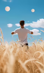 the man is walking through the tall grass by himself