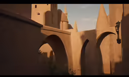 a group of buildings with arches and lamps
