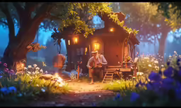 a little cabin is sitting by a fire and some lights