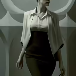 a woman in a black dress and white coat