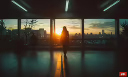 woman standing in front of windows at sunset