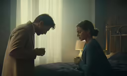 a couple that are standing in a bedroom