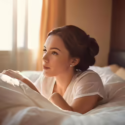 the young woman lies in her bed and looks into the distance