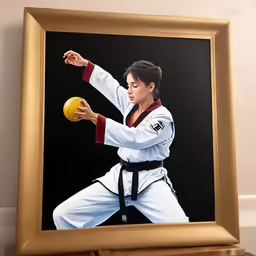 an asian woman holding a yellow ball and wearing white karate outfit