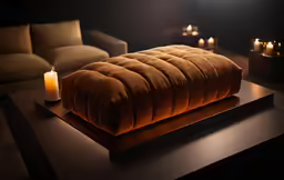 an orange blanket and candle are on a table