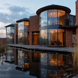 an apartment building that has a pond in front