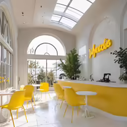 the interior of a restaurant with bright yellow chairs and tables