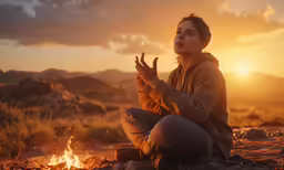 a woman is sitting around the fire and praying