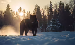 a dog is walking through the snow in front of trees