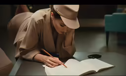 a woman is writing in a notebook and writing on paper