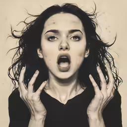 a woman standing in front of a white background with the hair blowing