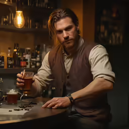 a man holding a pint of beer at a bar