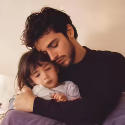 man embracing his young daughter while laying on a bed