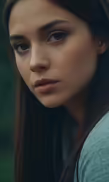 a woman with a blue shirt and bangs looks at the camera