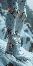 someone in futuristic outfit standing in the snow,a close - up image of a boot in snow