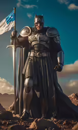 the man dressed up as batman and holding a sword