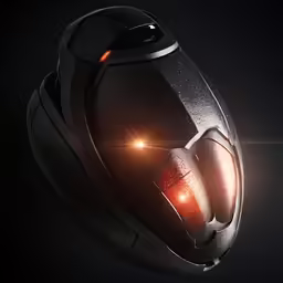 the red light is shining on the black helmet