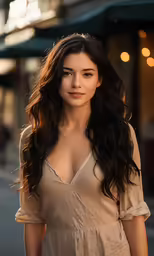 an asian woman in brown dress posing for the camera