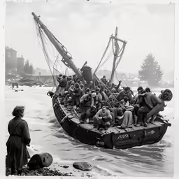 a boat with people inside in a frozen body of water