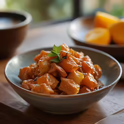 a bowl of orange and tofu is ready for someone to eat
