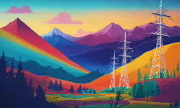 a painting of telephone towers and trees,an image of an art print of electric poles