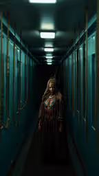 a lady is walking down the hallway of a building,there is a long hallway with two rows of blue lockers on the side