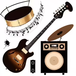 three musical instruments one of which is an acoustic guitar