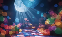 a colorful photo of an indoor floor with the moon and sky