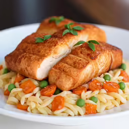 a white plate topped with pasta and salmon