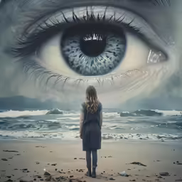 a girl is standing on the beach by an eye