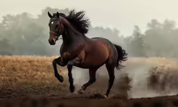 horse galloping in field with fog in the background