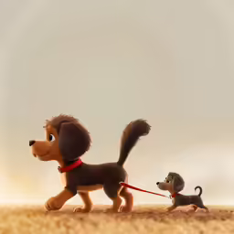 the lady and the tramp from the animated film lady and tramp is pulling her dog along