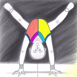 a person that is upside down on one hand and a rainbow skirt,this is a drawing of a man doing the hand stand