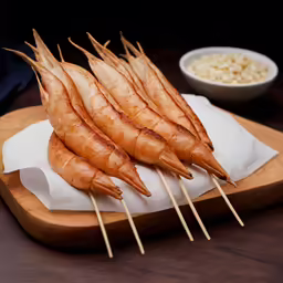small pieces of shrimp are placed on sticks and ready to be eaten