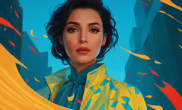 a beautiful woman with blue hair is standing in front of a colorful background