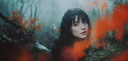 a woman looking off to the side with flowers in the foreground