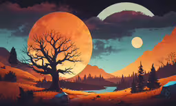 an orange and blue landscape with a full moon,a night scene with a full moon, and the moon is yellow