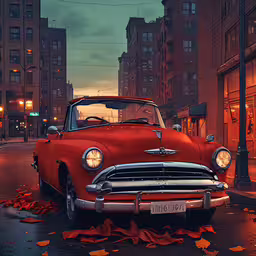 a red classic car on the side of a road,an old car is parked in the middle of a street