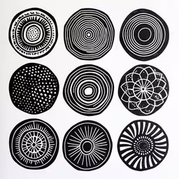 eight circle prints in white and black,six different shapes and sizes of circles