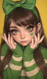 a beautiful doll wearing green and holding her hands to her face