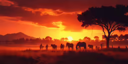 a group of animals that are standing around a tree