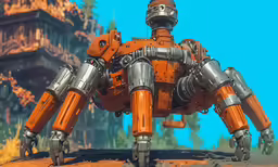 the action in this photo is of a robot standing in front of a building