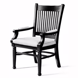 an upholstered black chair with a beige fabric seat