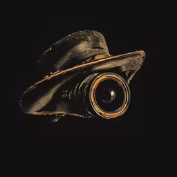 a camera with a hat on it, in the dark