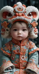 a baby is dressed up with elaborate clothes and hat