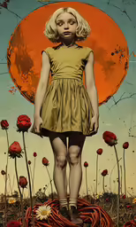 a painting of a woman in a dress standing next to flowers