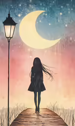 a silhouetted girl walking down a pier at night