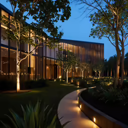 a long exposured image of a building, lit up at night