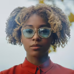 a woman with curly hair wearing large glasses