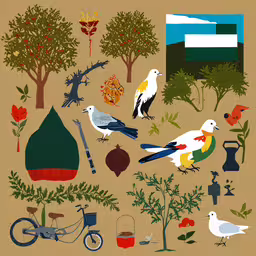 an illustration of birds and trees are featured in this art piece,an old painting shows birds sitting, flowers and trees